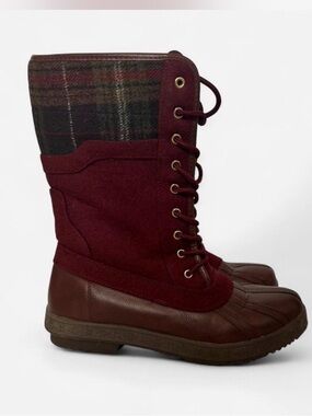 Women’s Burgundy Lace-Up Plaid-Cuff Winter Rain Boots